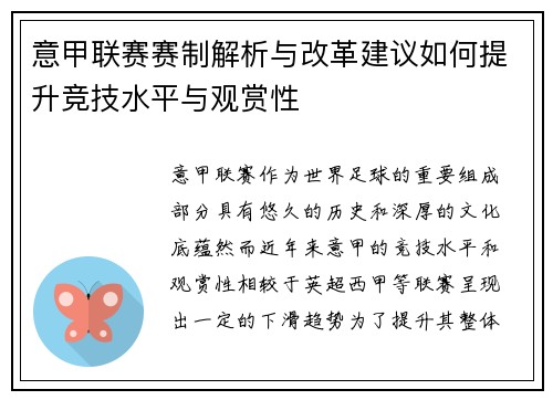 意甲联赛赛制解析与改革建议如何提升竞技水平与观赏性