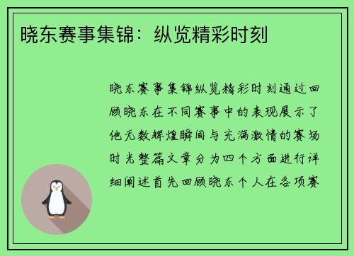 晓东赛事集锦：纵览精彩时刻
