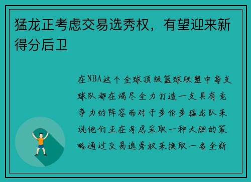 猛龙正考虑交易选秀权，有望迎来新得分后卫